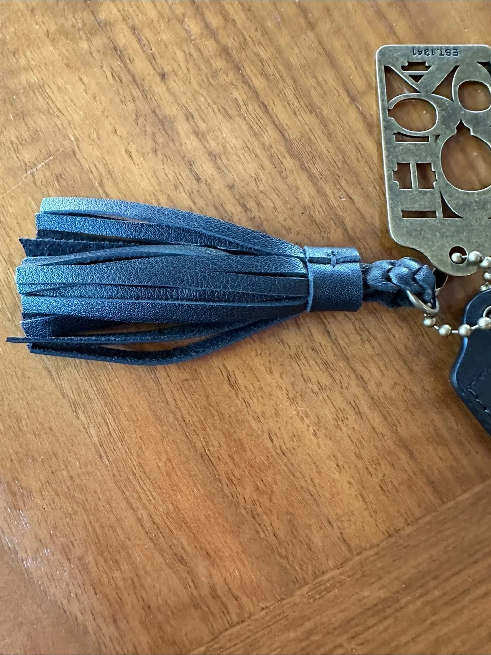 Coach Black Leather Tassel Key Fob with rare Brass Logo Tag